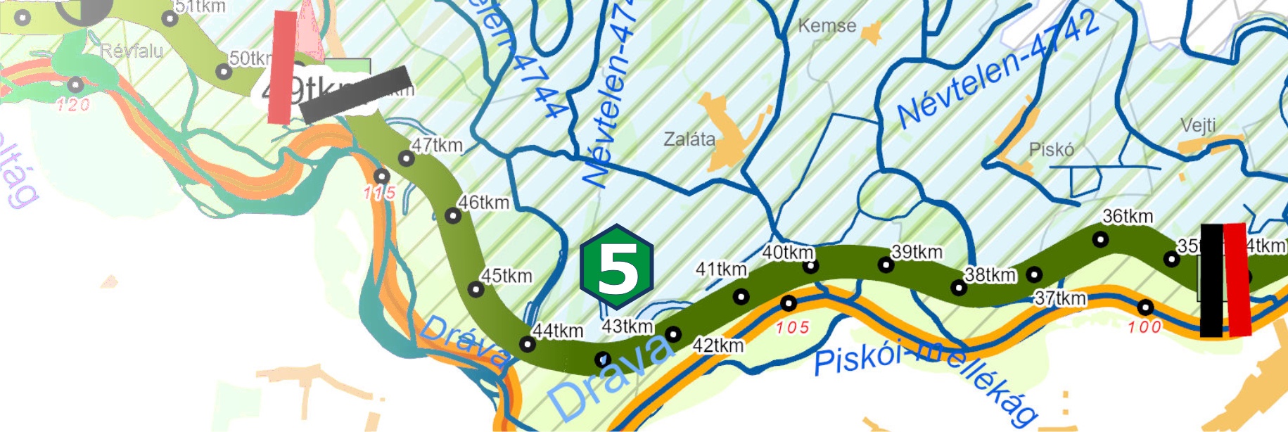 Dráva bal part 34+292 tkm (Vejti gátőrház felhajtó) - 48+235 tkm (Drávasztára Védelmi központ)